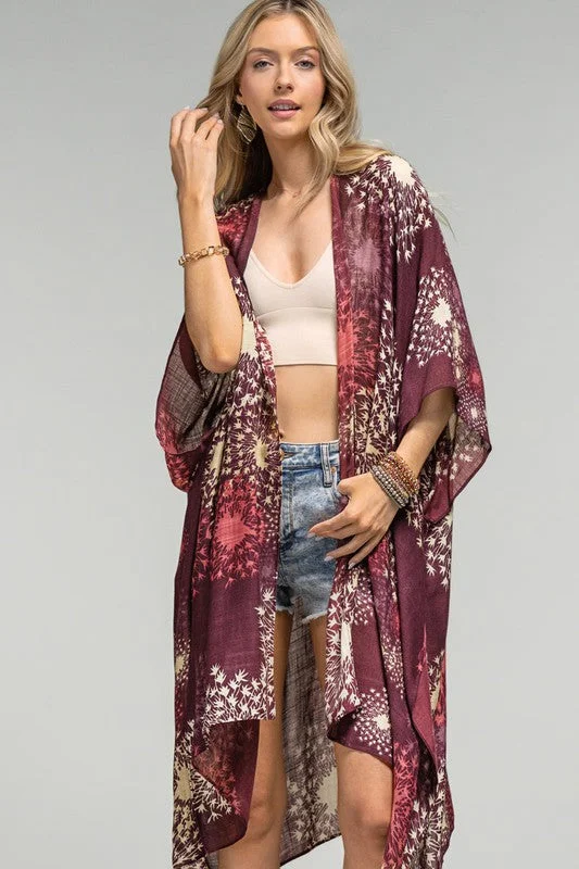 Act Now Plum Floral Dandelion Spring Summer Kimono Wrap Coverup Top Casual One Size