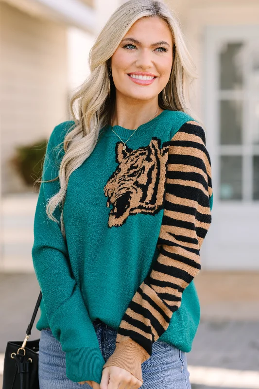 Weekend Discounts to Delight Over Your Shoulder Hunter Green Tiger Sweater