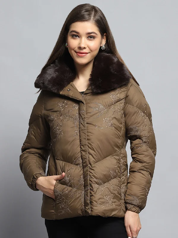 Super Savings Women Brown Embroidered Collar Full Sleeve Jacket