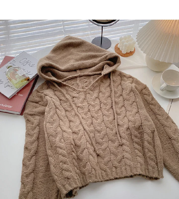 Weekend Price Cuts Galore Niche design hooded Pullover long sleeve short knit top  5854