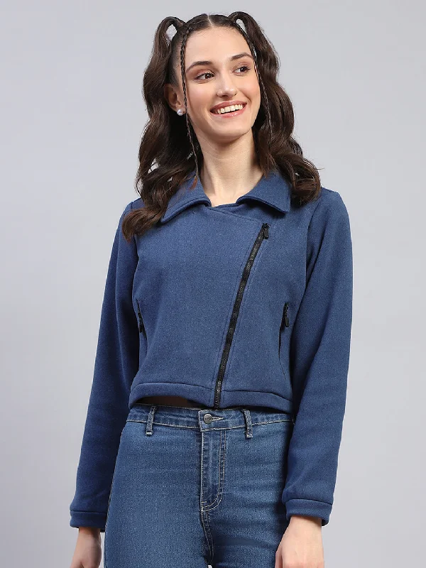Your Weekend, Your Savings Women Blue Solid Collar Full Sleeve Jacket