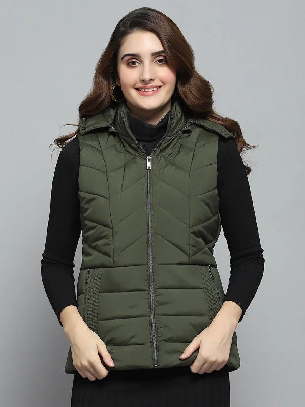 Top Pick Women Olive Solid Detachable Hood Sleeveless Jacket