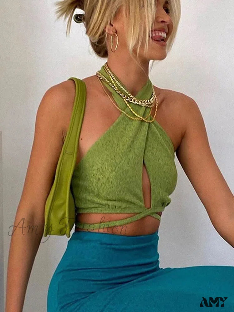Exclusive Offers AMY FASHION - Sexy Green Bandage Halter Backless Club Party Crop Top Exclusive Offers AMY FASHION - Sexy Green Bandage Halter Backless Club Party Crop Top