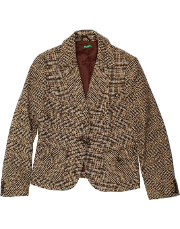 Mega Sale BENETTON Womens 1 Button Blazer Jacket IT 46 Large Brown Check Wool
